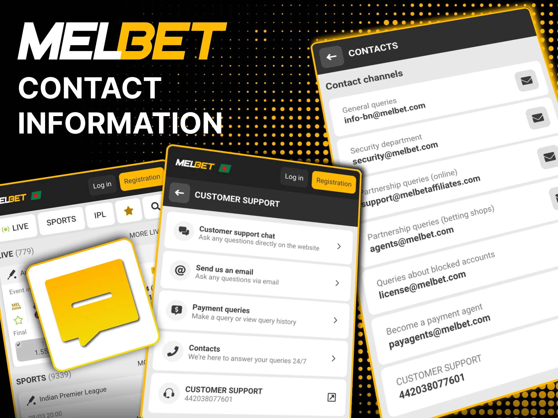Contact Melbet via live chat, email, phone, or Telegram.