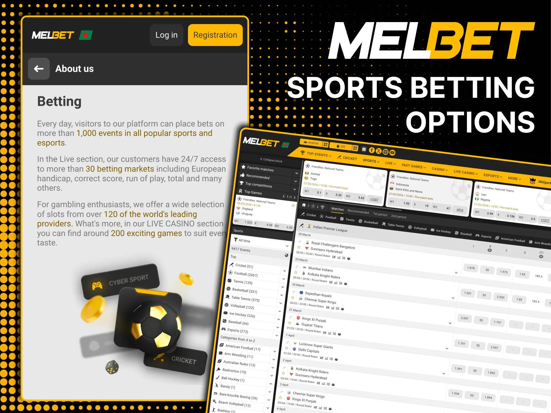 Melbet covers cricket, football, kabaddi, tennis, and basketball.