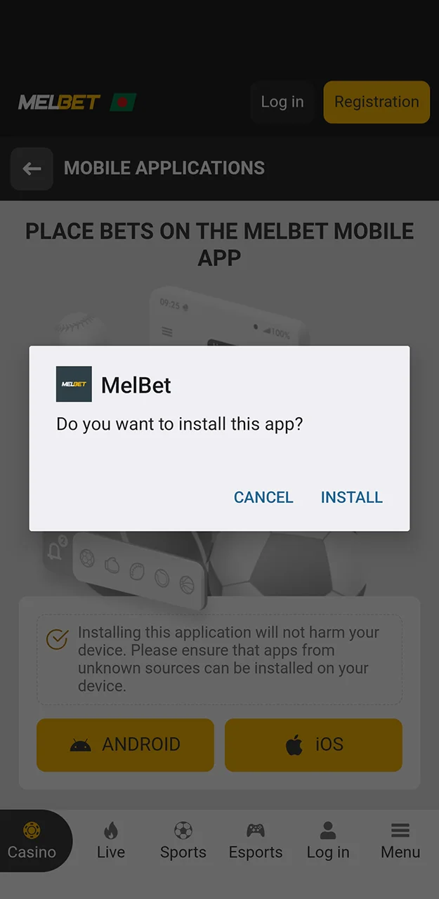 Start installing the Melbet app and wait until the installation is complete.