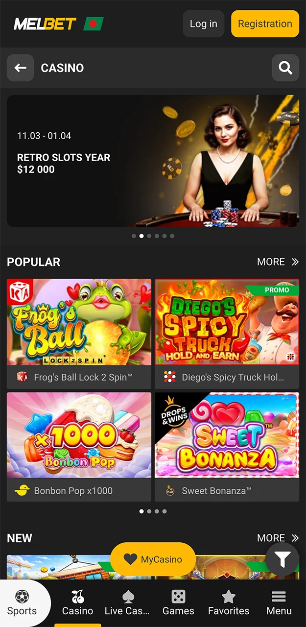 The Casino section in the Melbet app.