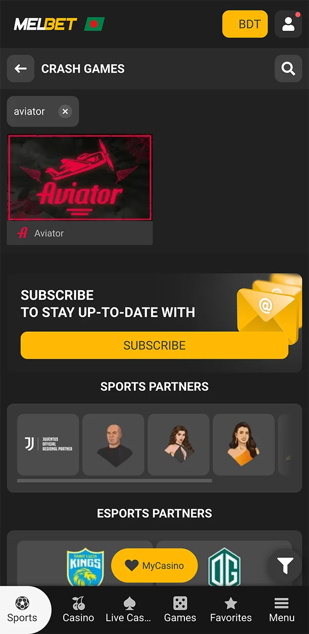 Use the search function on the Melbet website to start playing Aviator.