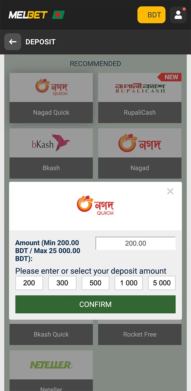 Use Nagad to top up your Melbet account quickly.