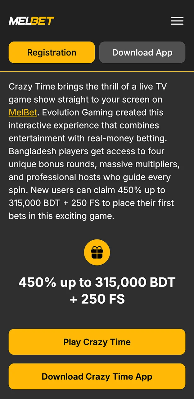 Click the button to start playing Crazy Time from Melbet.