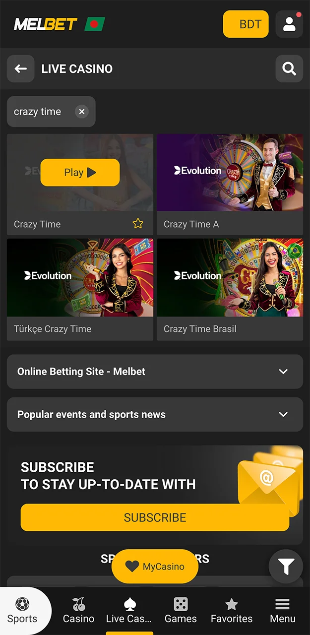 Place your bet on the lucrative Crazy Time game at Melbet Casino.