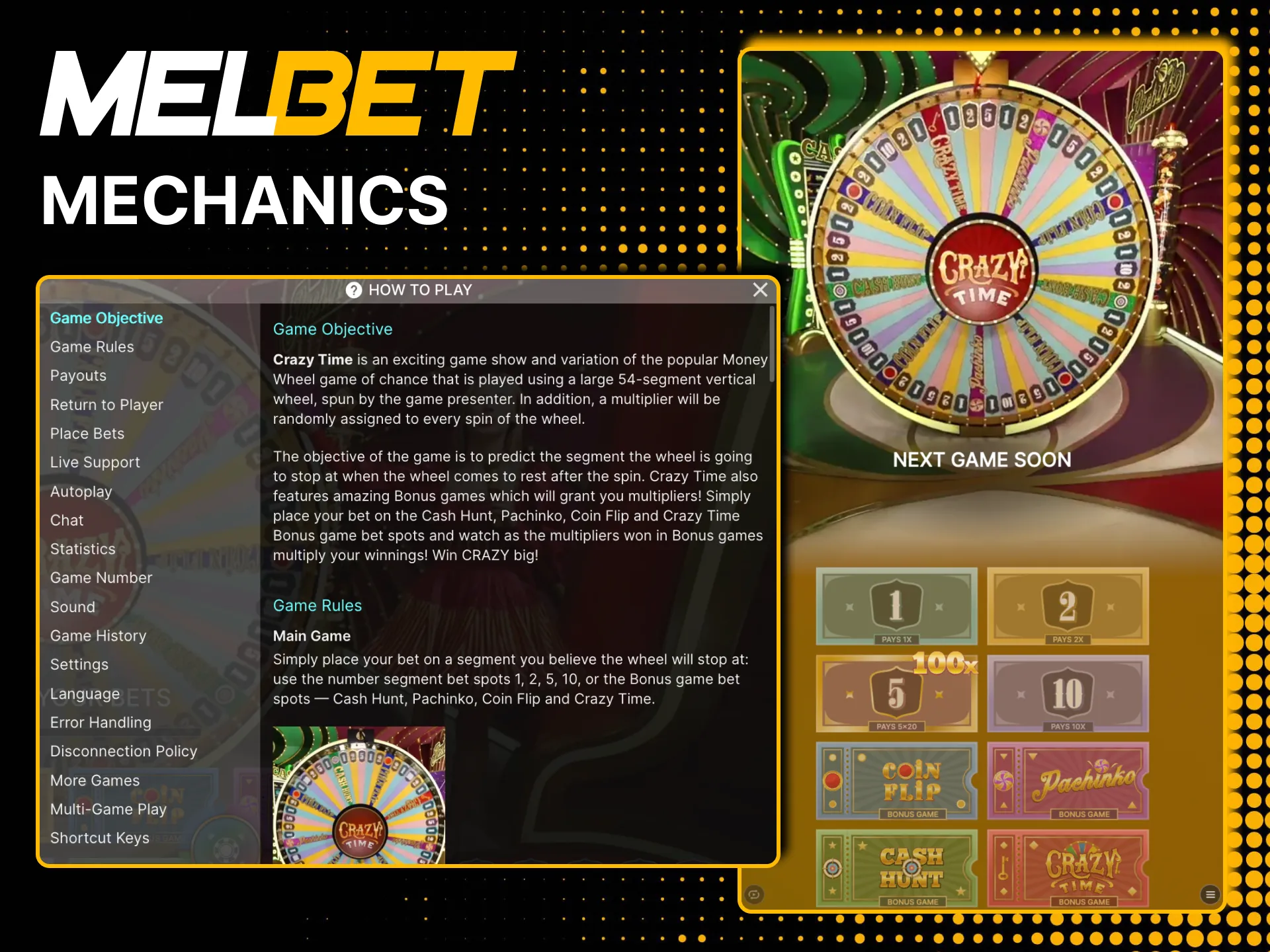 Bet on Melbet Crazy Time wheel segments before each round.
