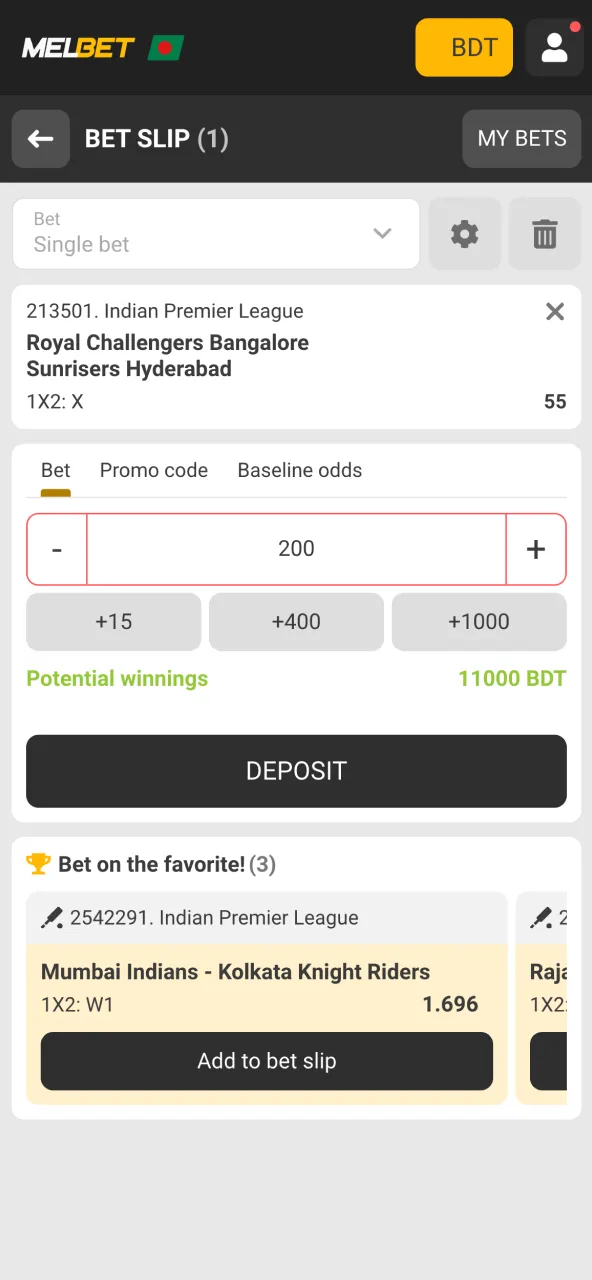 Confirm your Melbet cricket bet by reviewing slip and checking odds.