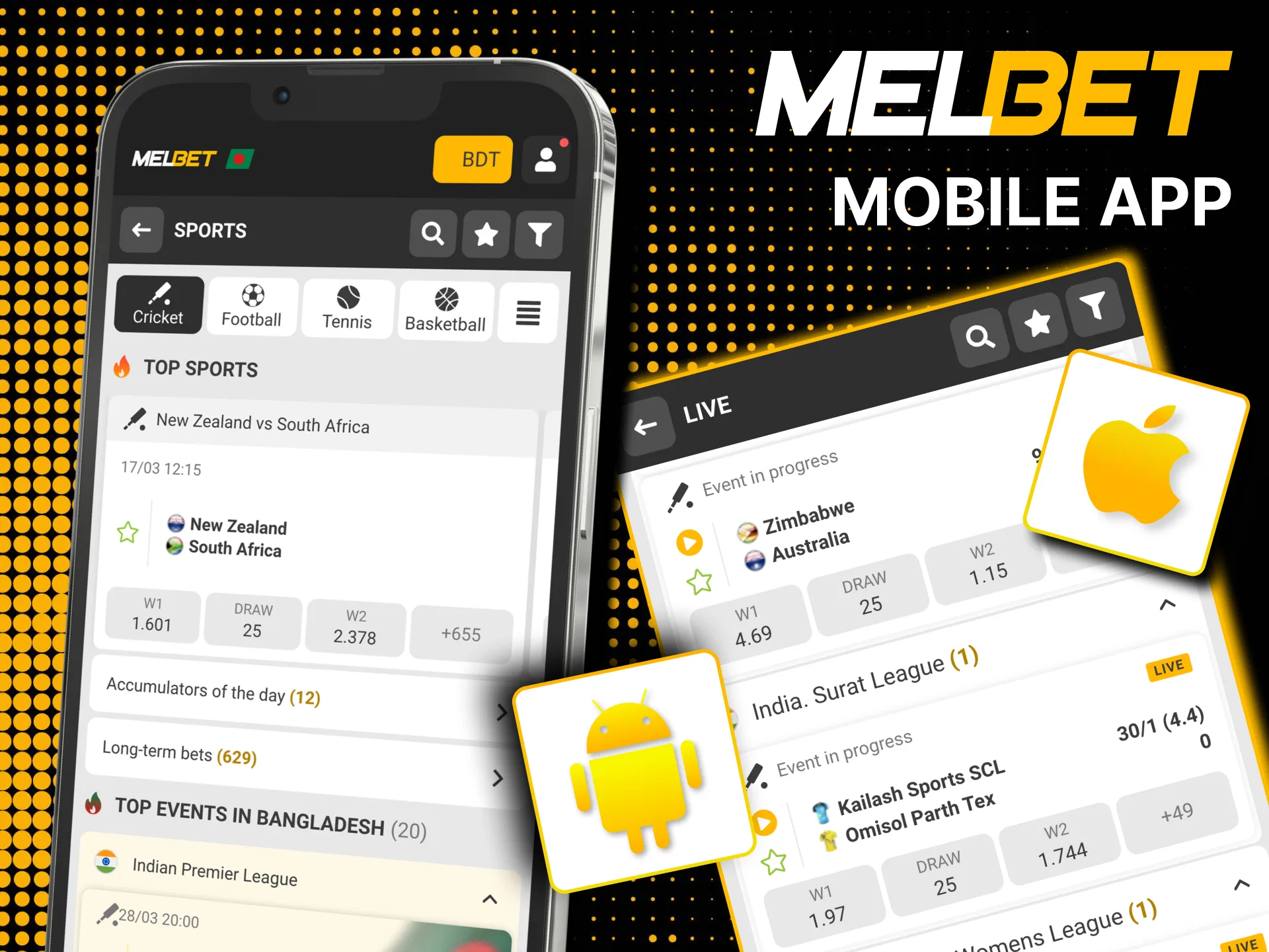 Bet on cricket via Melbet app for Android, iOS and PWA browser.
