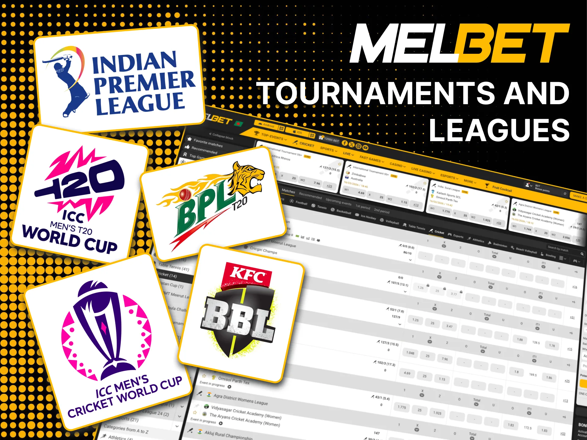 Melbet cricket coverage includes ICC World Cup, IPL and BPL betting.