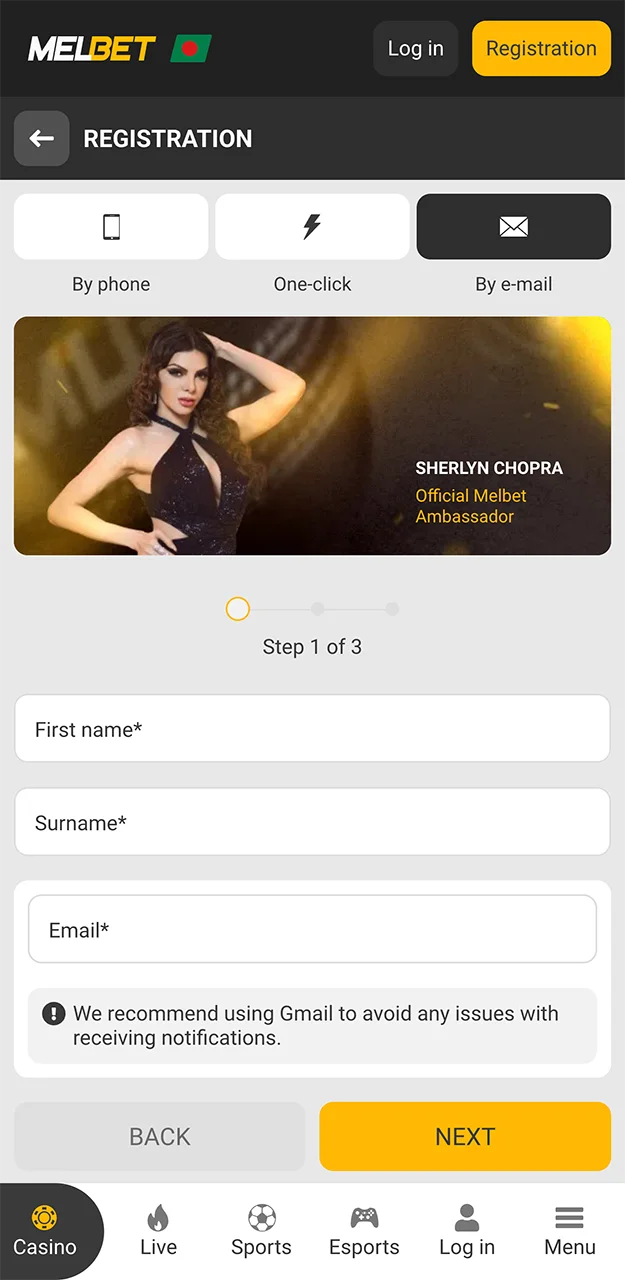 Use your mobile phone to sign up with Melbet.