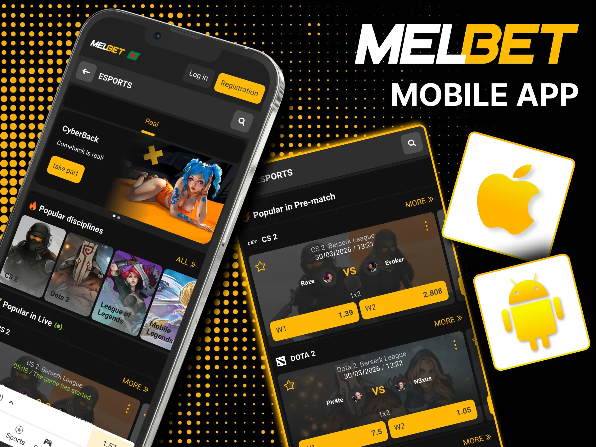 Download Melbet mobile app for esports betting.