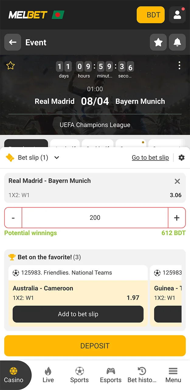 Enter the stake amount for the football match at the Melbet bookmaker.