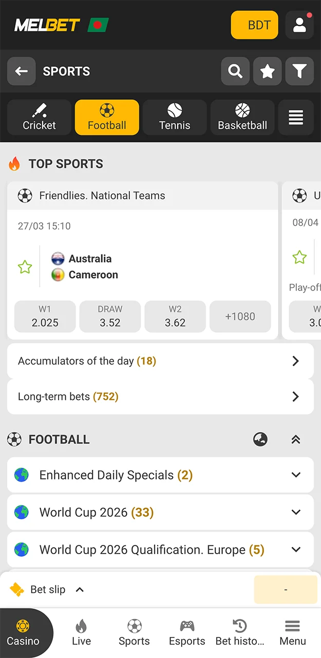 Select the football icon on the Melbet website to view the matches available for betting.