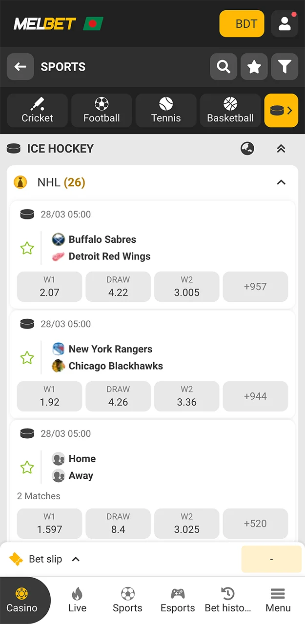 Find a match featuring the best ice hockey players on the Melbet betting site.
