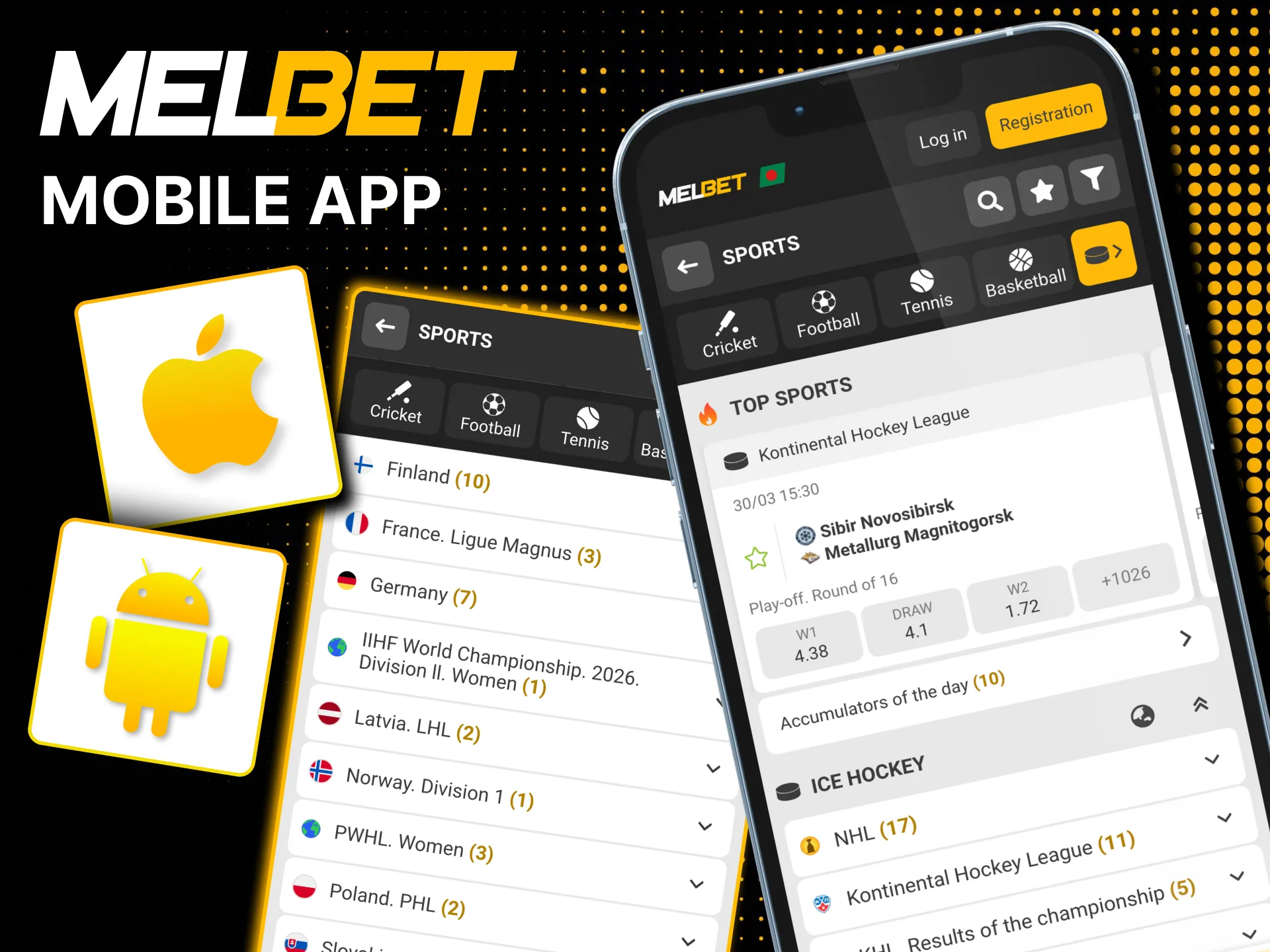 Place ice hockey wagers instantly on Melbet mobile.