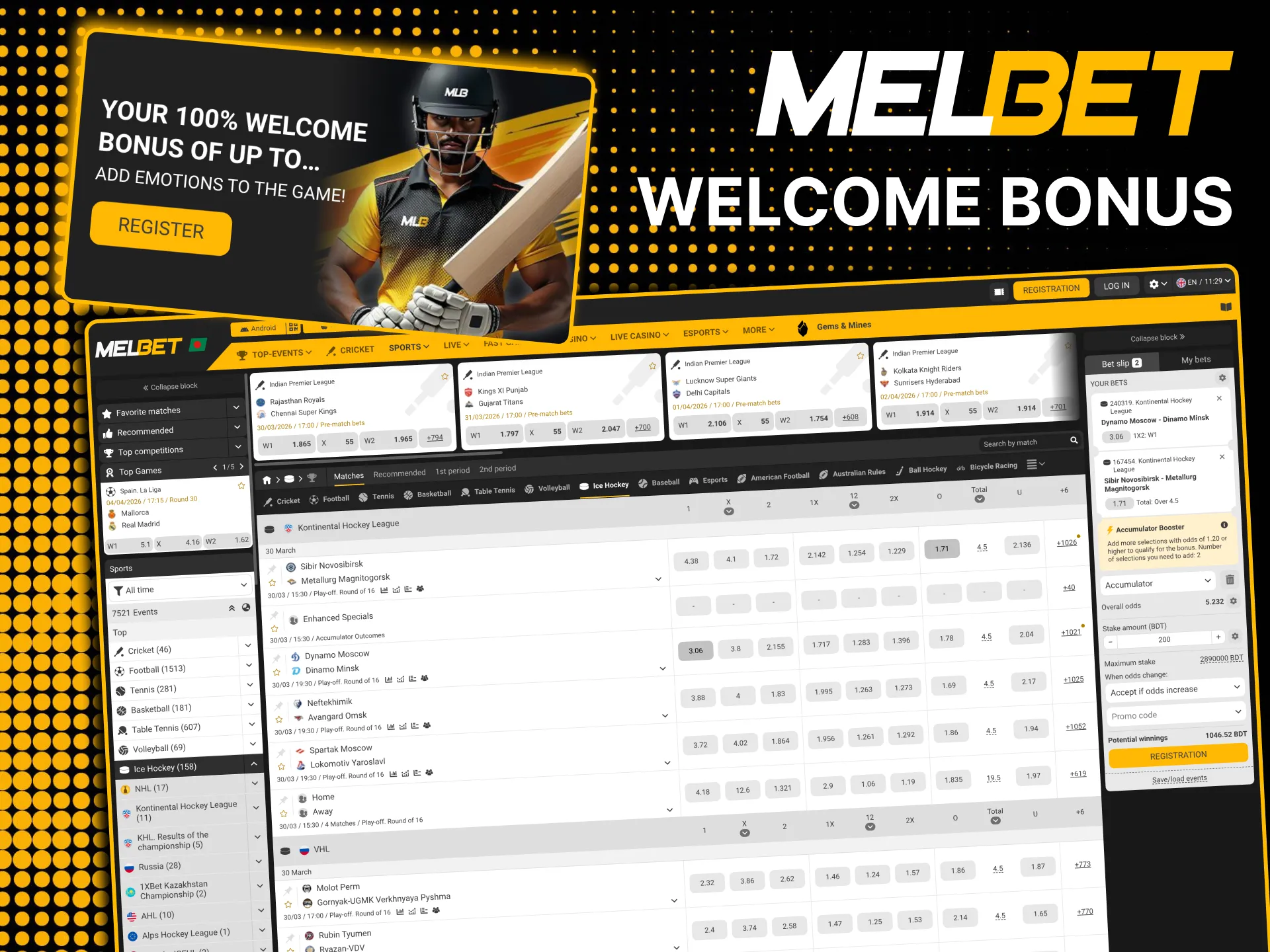 Register and deposit to unlock Melbet sports bonus.