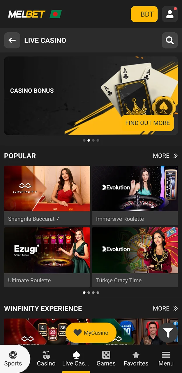 Open the Melbet Live Casino tab.