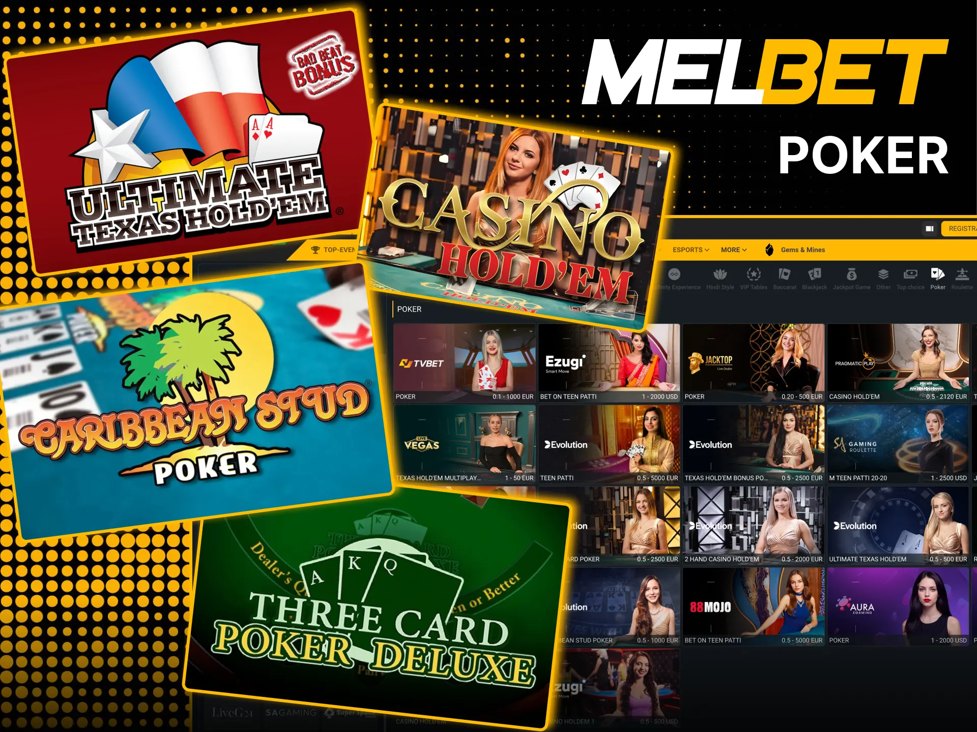 Casino Hold’em poker available with real dealers on Melbet.