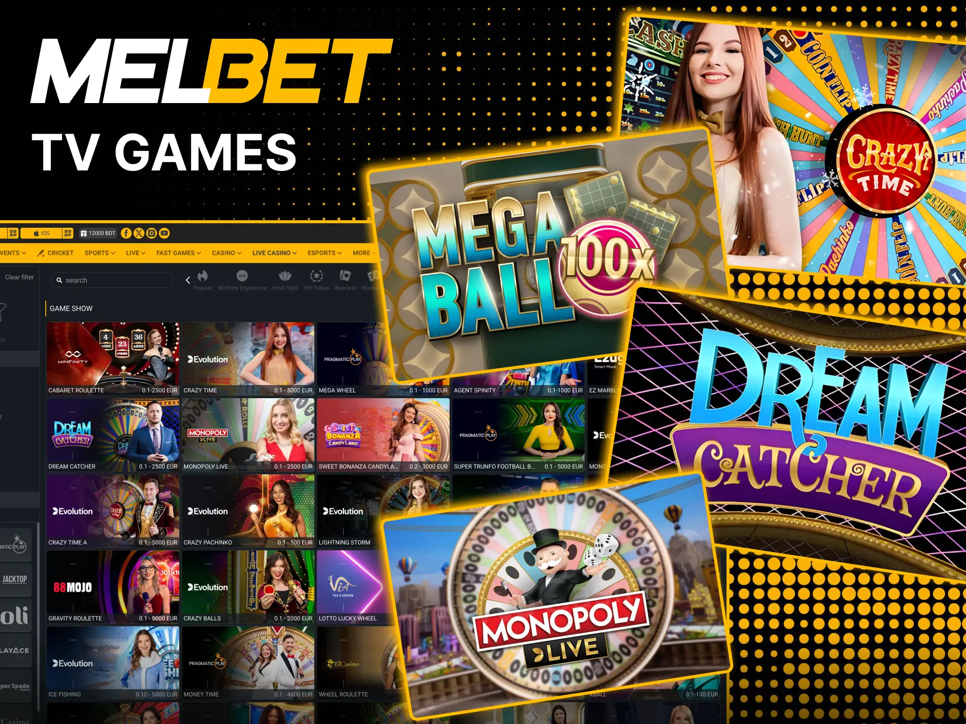Play colourful TV game shows live at Melbet.