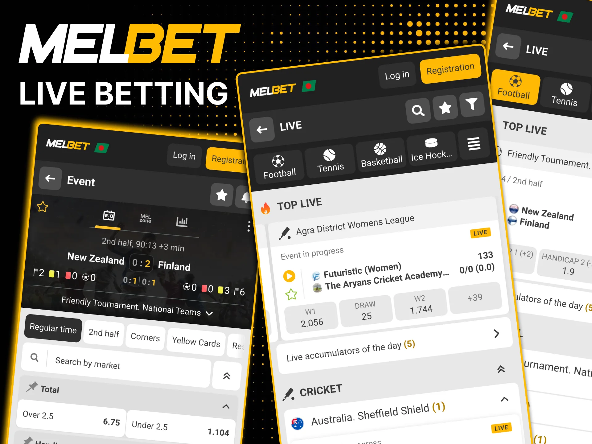 Bet during matches with Melbet live markets and cash out.