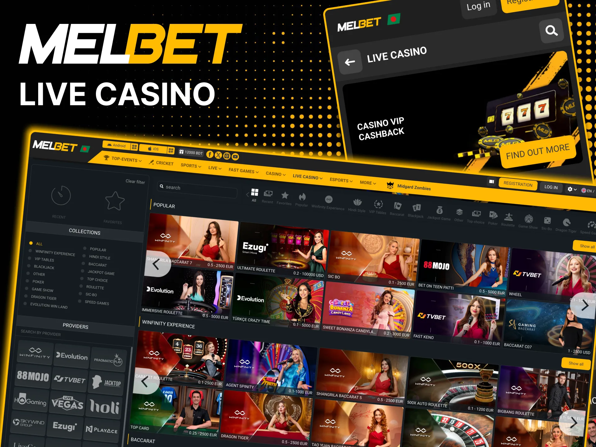 Play live blackjack, roulette, baccarat, and poker at Melbet.