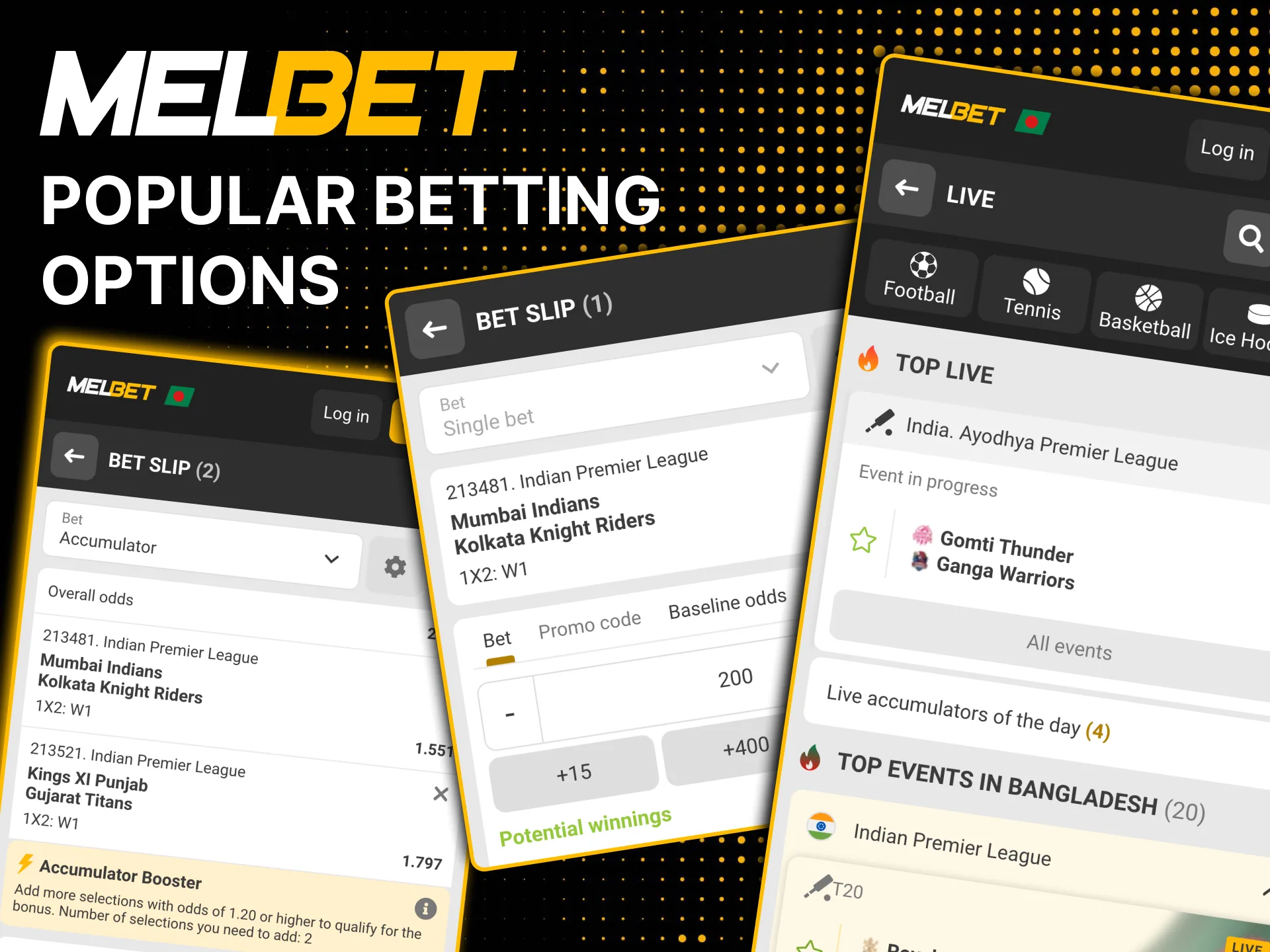 Place prematch, live, or multi live wagers at Melbet.