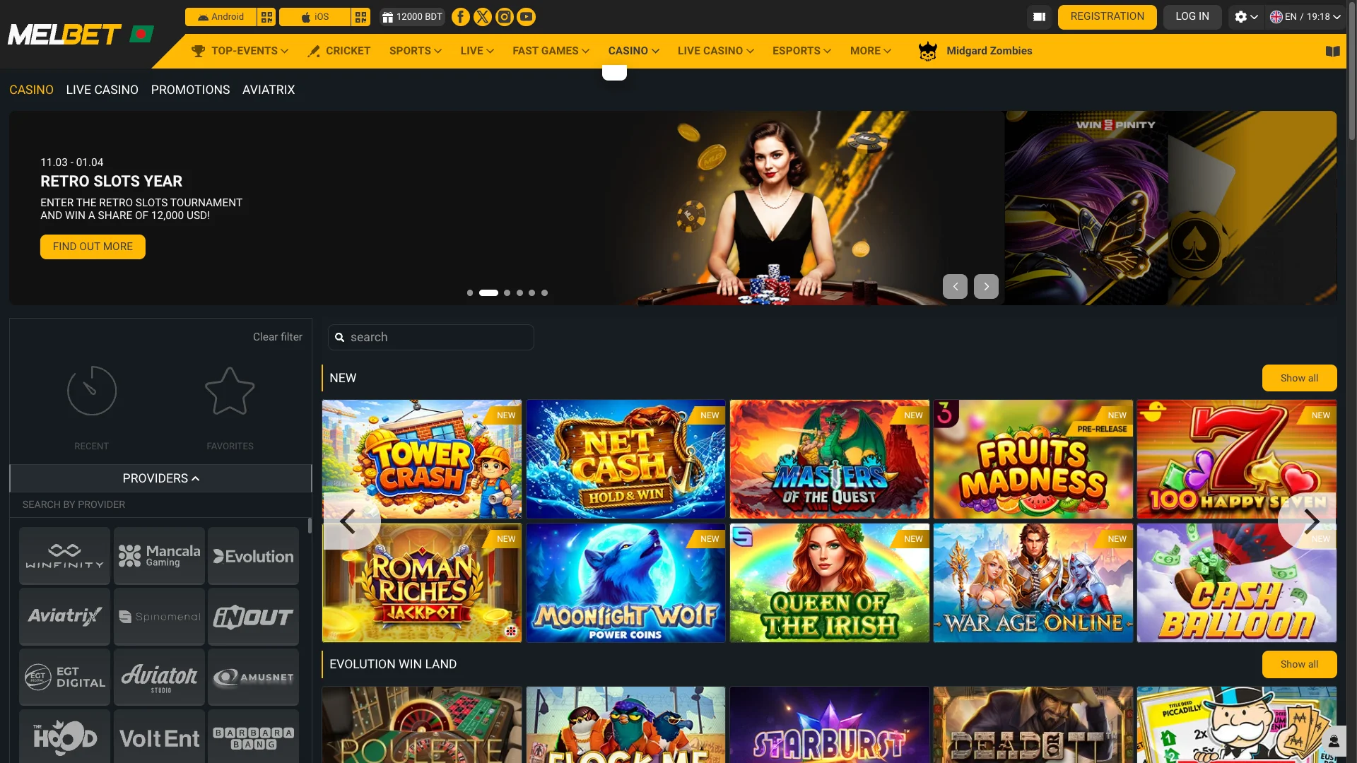 A section featuring the best casino games from Melbet.