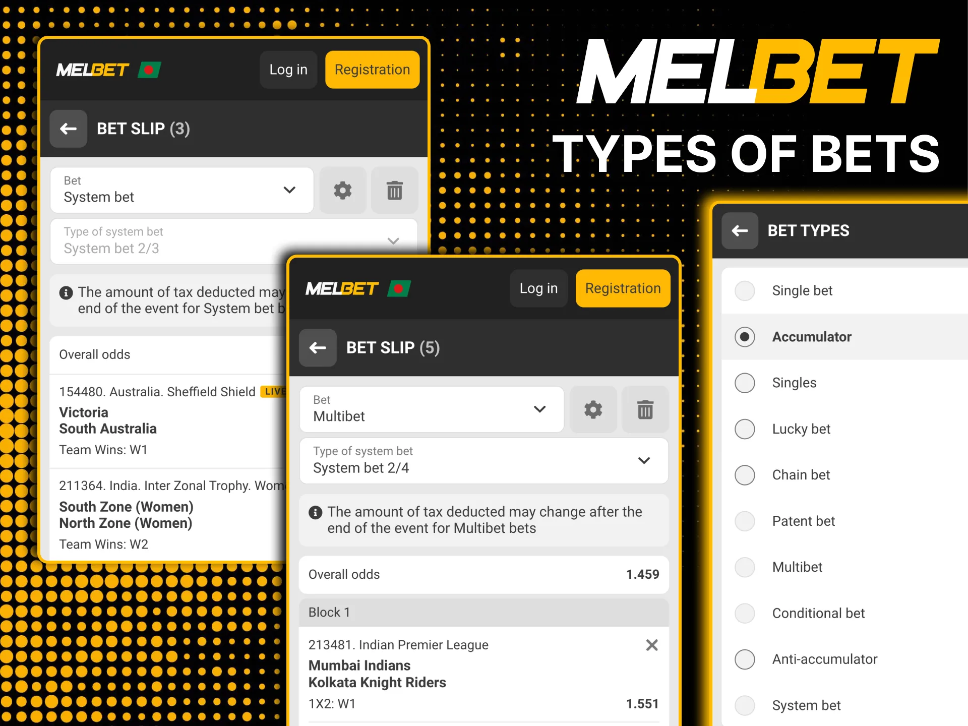 Melbet offers cricket, football, tennis, and kabaddi betting.