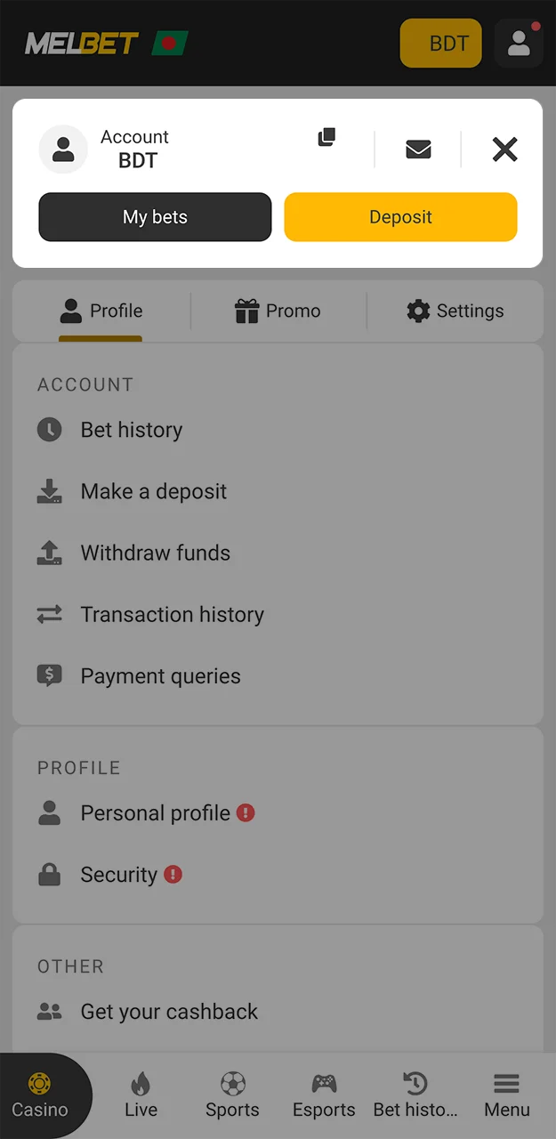 Please check your account and the amount credited following your deposit at Melbet.