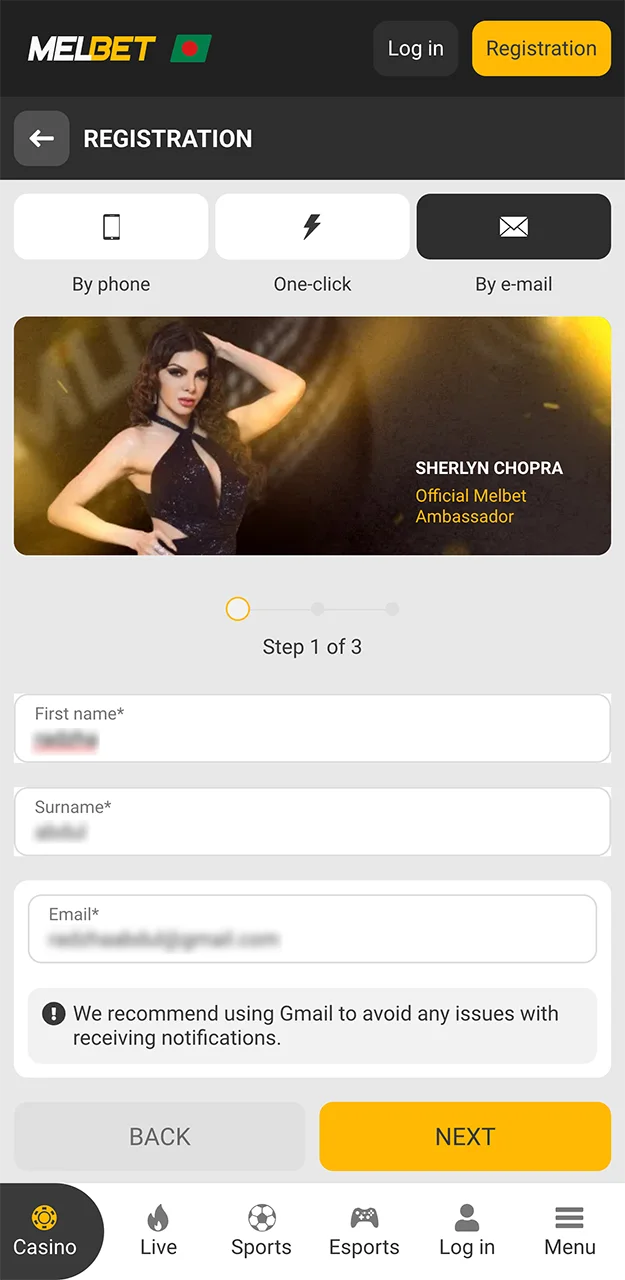 Please enter accurate details to register with Melbet.