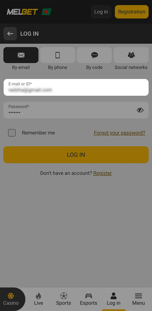 Use your email address to log in to your personal account in the Melbet app.