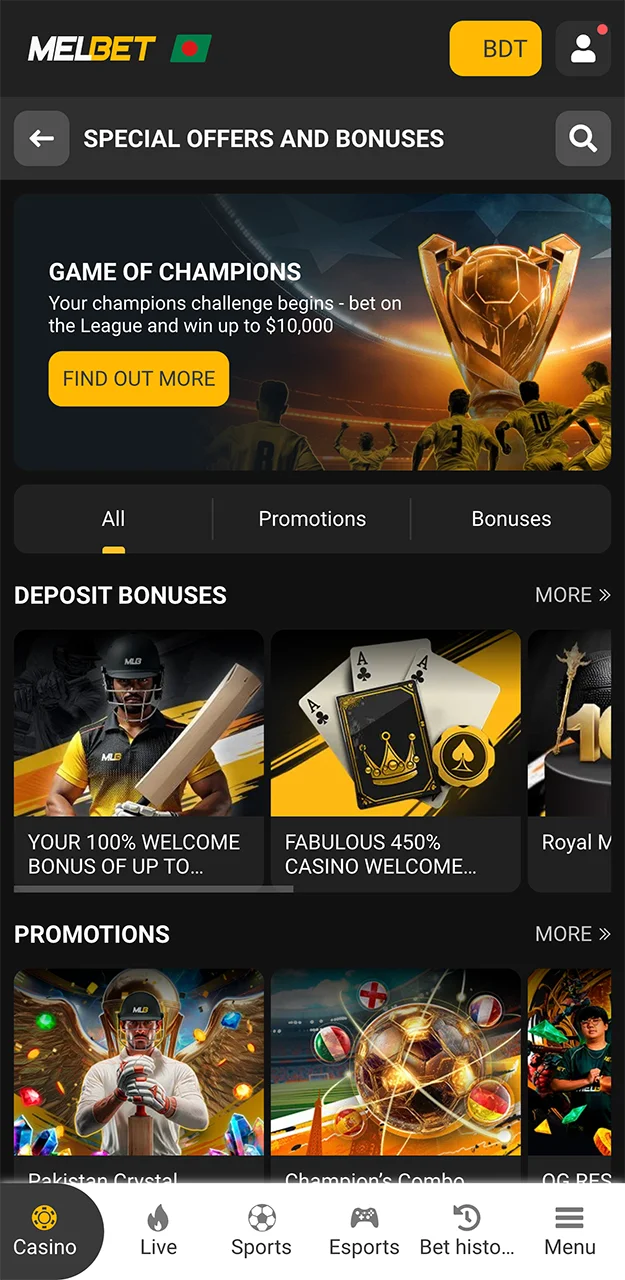 Take advantage of the welcome bonus from Melbet Casino.