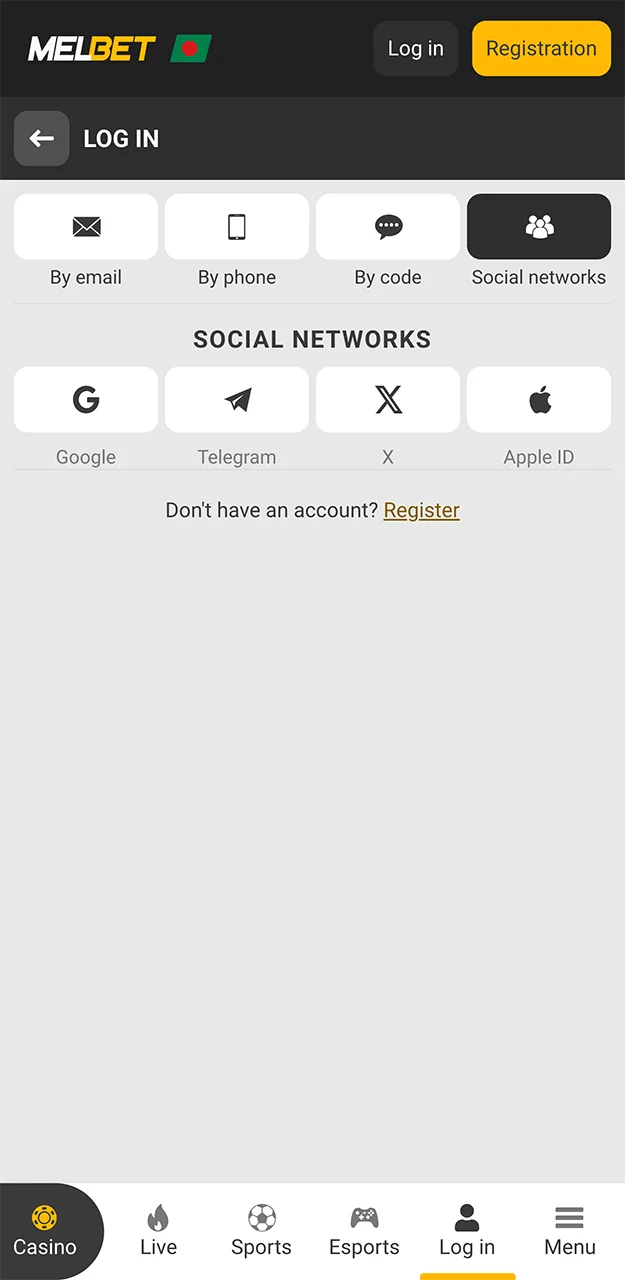 Log in to the Melbet website using your social media account.