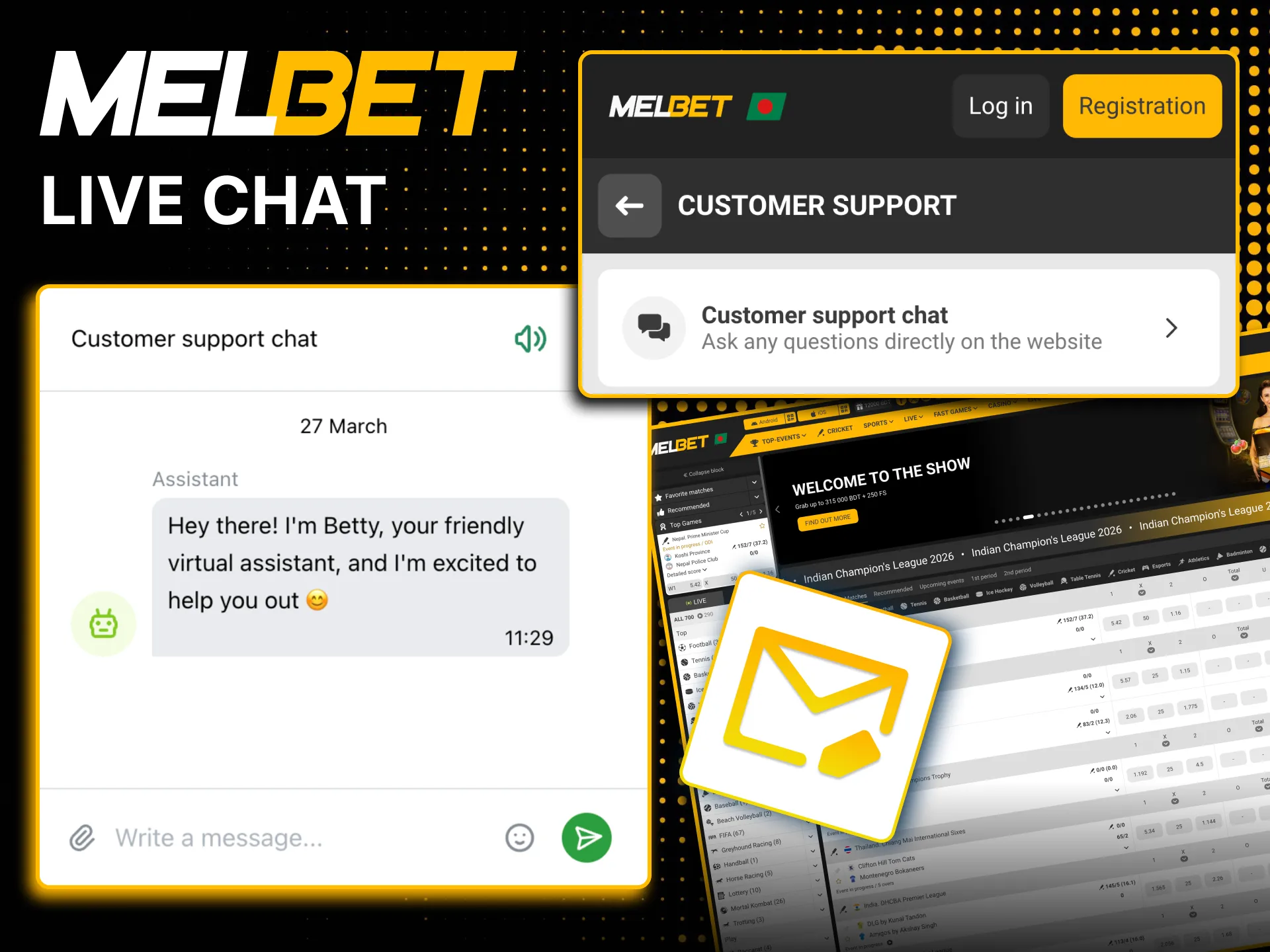 Connect with Melbet support via dashboard chat icon.