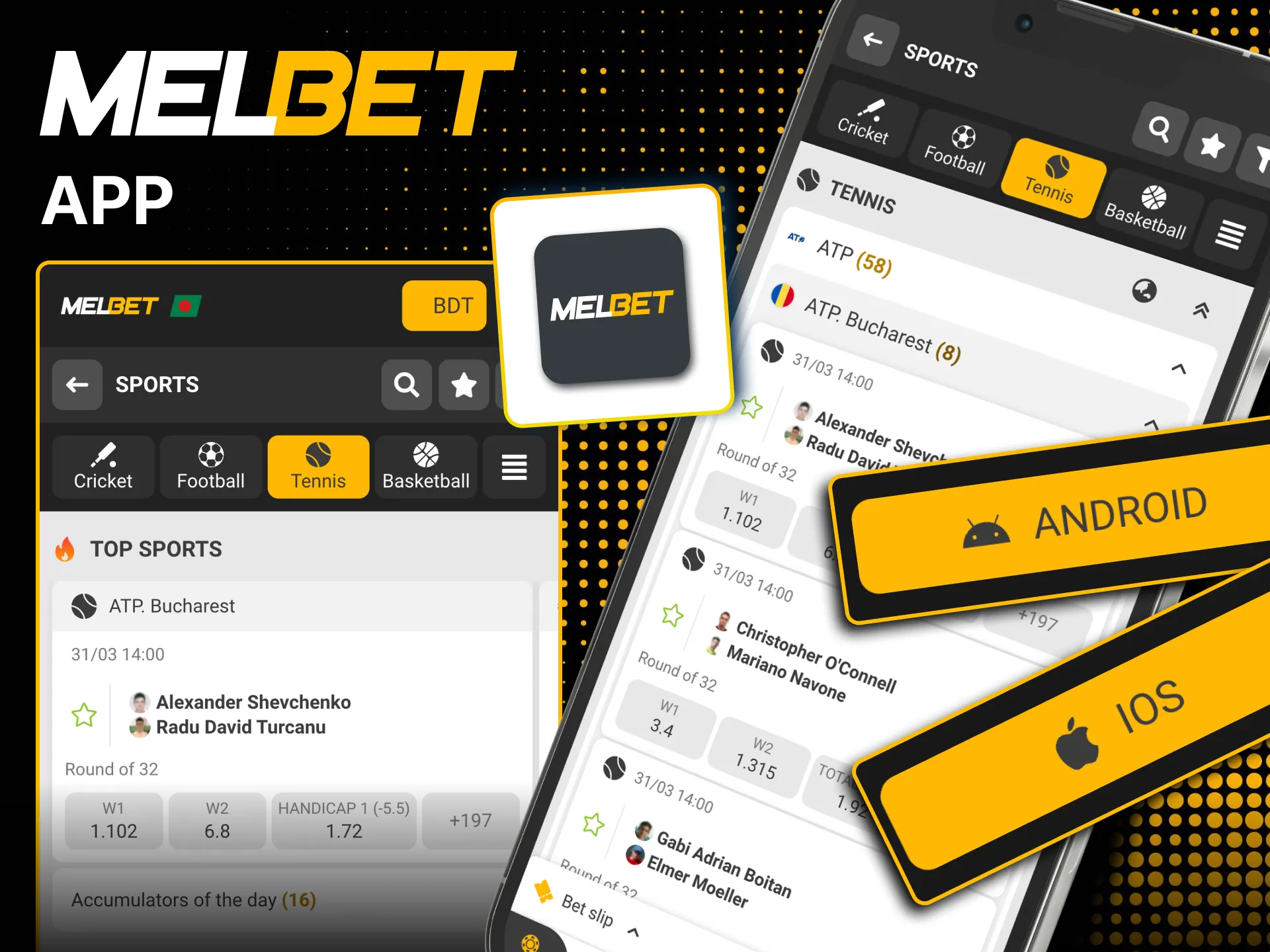 Bet on tennis matches with Melbet mobile app.