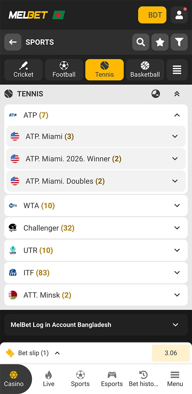 Select an ATP tennis tournament to place a bet on at Melbet