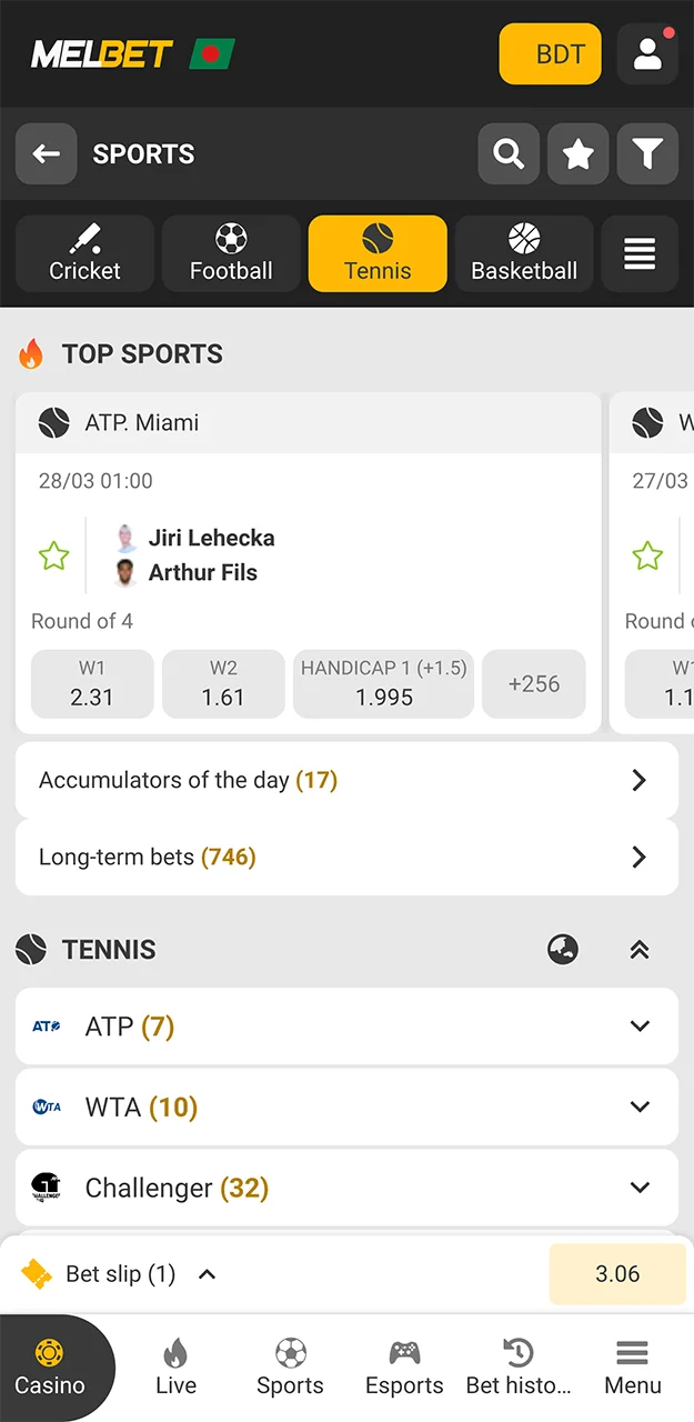 Open the tennis matches tab in the Melbet app.